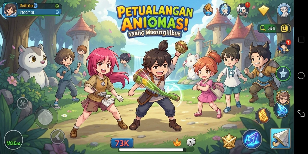 Tampilan gameplay <strong>73K</strong> yang menarik dengan karakter anime yang penuh warna.