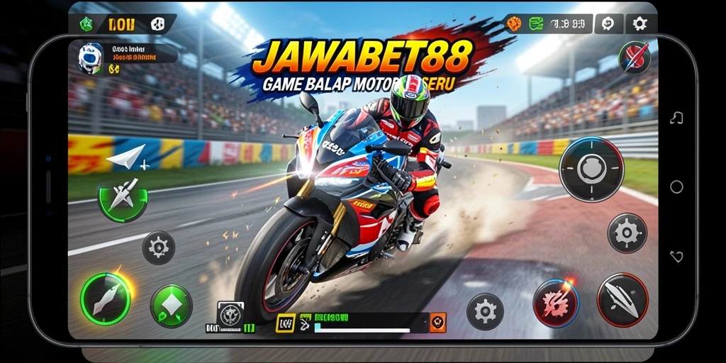 Screenshot gameplay JAWABET88 yang menampilkan balapan motor yang mendebarkan.