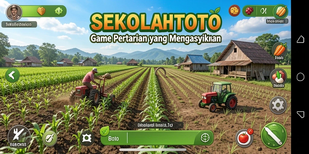 Screenshot gameplay SEKOLAHTOTO menunjukkan kebun yang subur dan hewan ternak yang sehat.