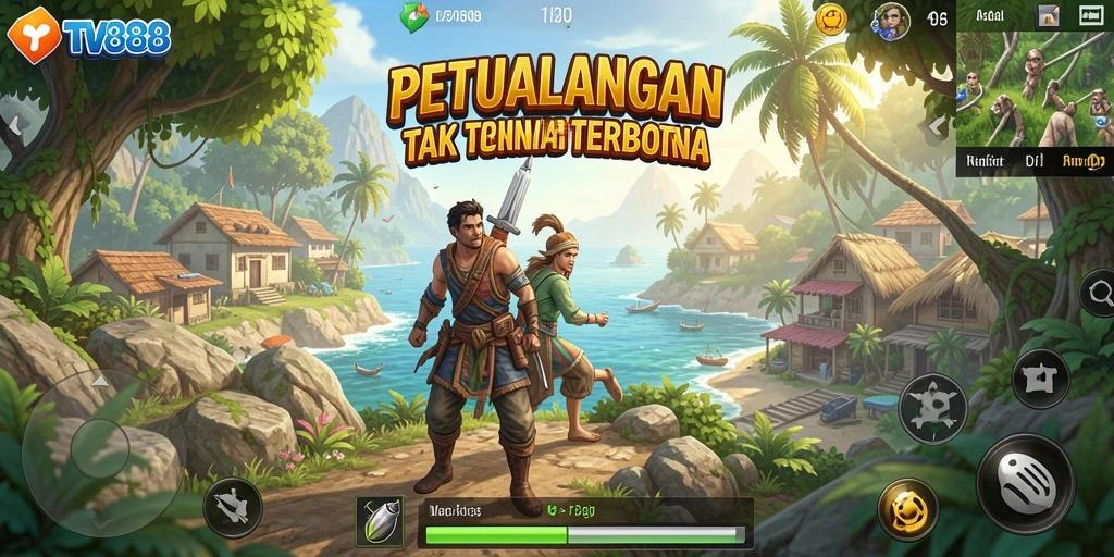 Tangkapan layar gameplay TV888 menampilkan dunia terbuka yang menawan.